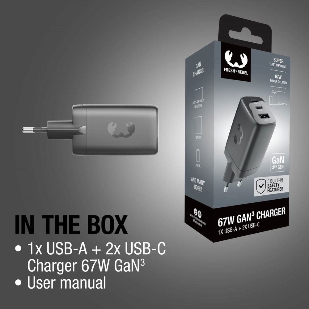 Fresh 'n Rebel 67W Laptop-Ladegerät GaN USB-C und USB-A